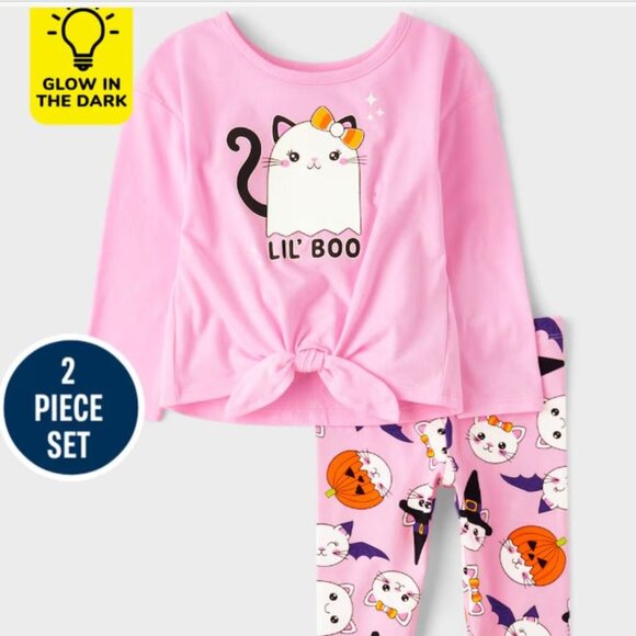 NWT The Children’s Place Halloween Girls Glow Cat Ghost Cotton Outfit Set pink - Picture 1 of 6